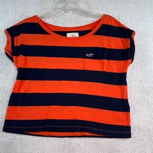 Hollister Orange Navy Blue Striped Pocket T Shirt Men's Medium